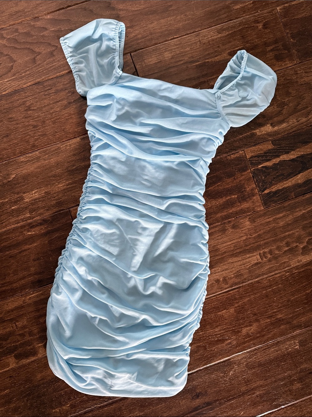 Lulu's Light Blue Ruched Off-Shoulder Mini Dress - Picture 1 of 3